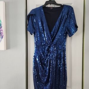 Sequin Wrap-Front Evening Dress in Navy Blue